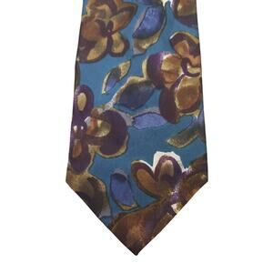 Guy Laroche Neck Tie 100% Silk Blue Watercolor Abstract Floral Print Thin Point